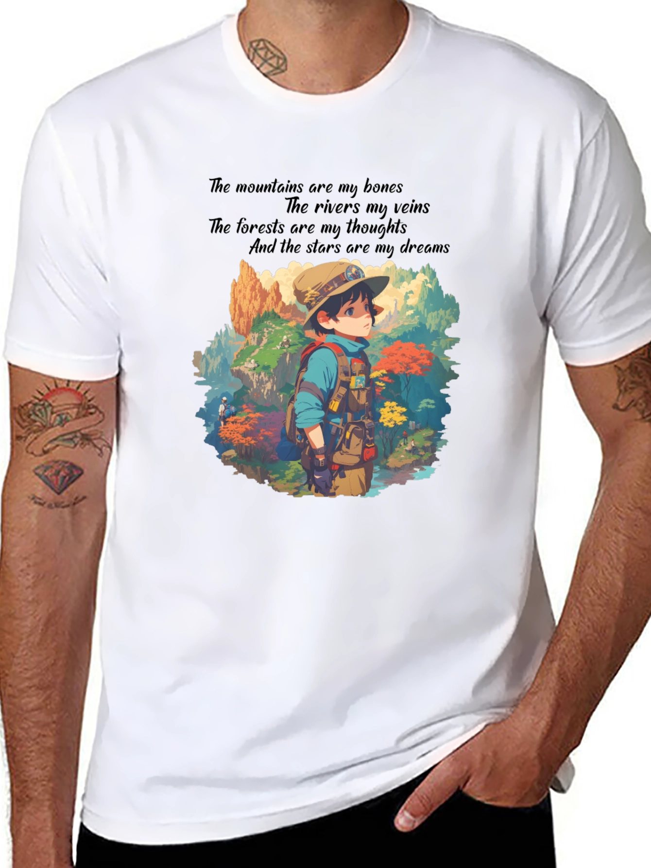 Nature Explorer T-Shirt - Mountains Rivers Stars Design