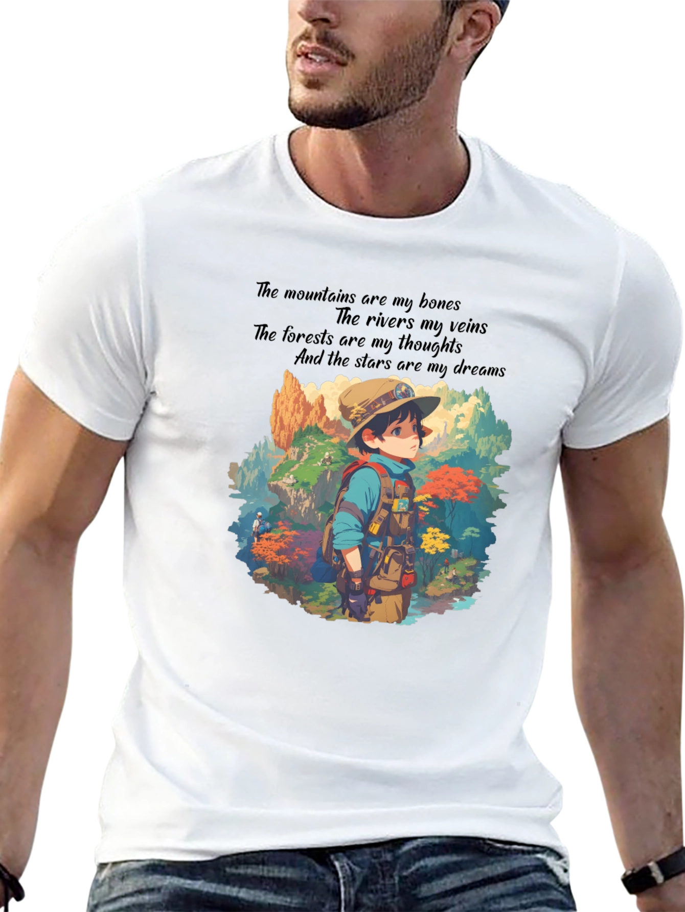 Nature Explorer T-Shirt - Mountains Rivers Stars Design