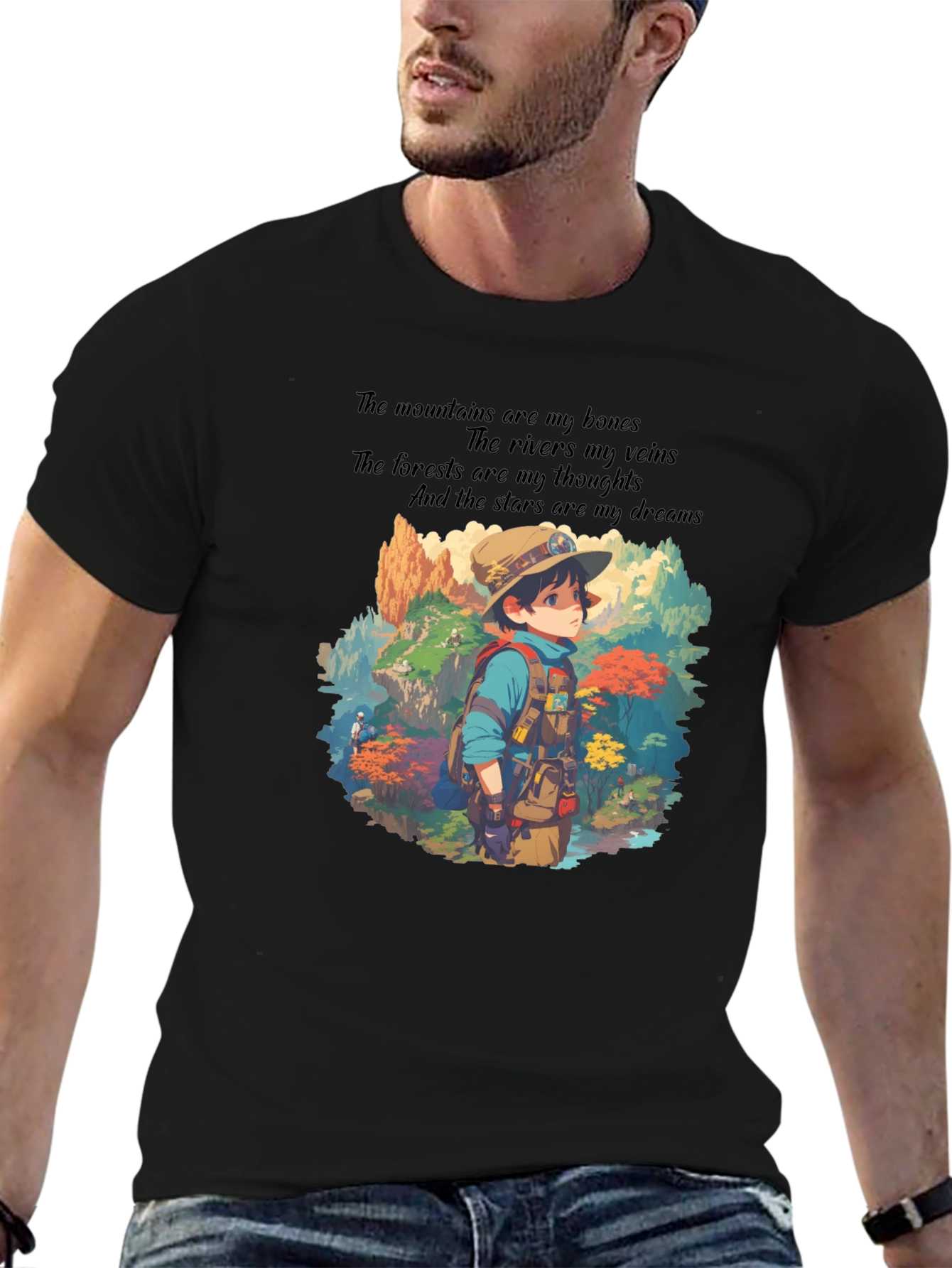 Nature Explorer T-Shirt - Mountains Rivers Stars Design