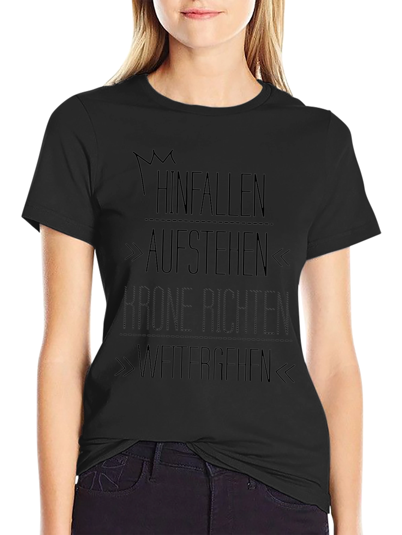 Motivational Black Graphic Tee - Hinfallen Aufstehen Design