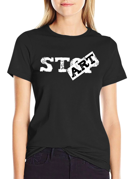 Distressed START Graphic Tee - Black Cotton T-Shirt