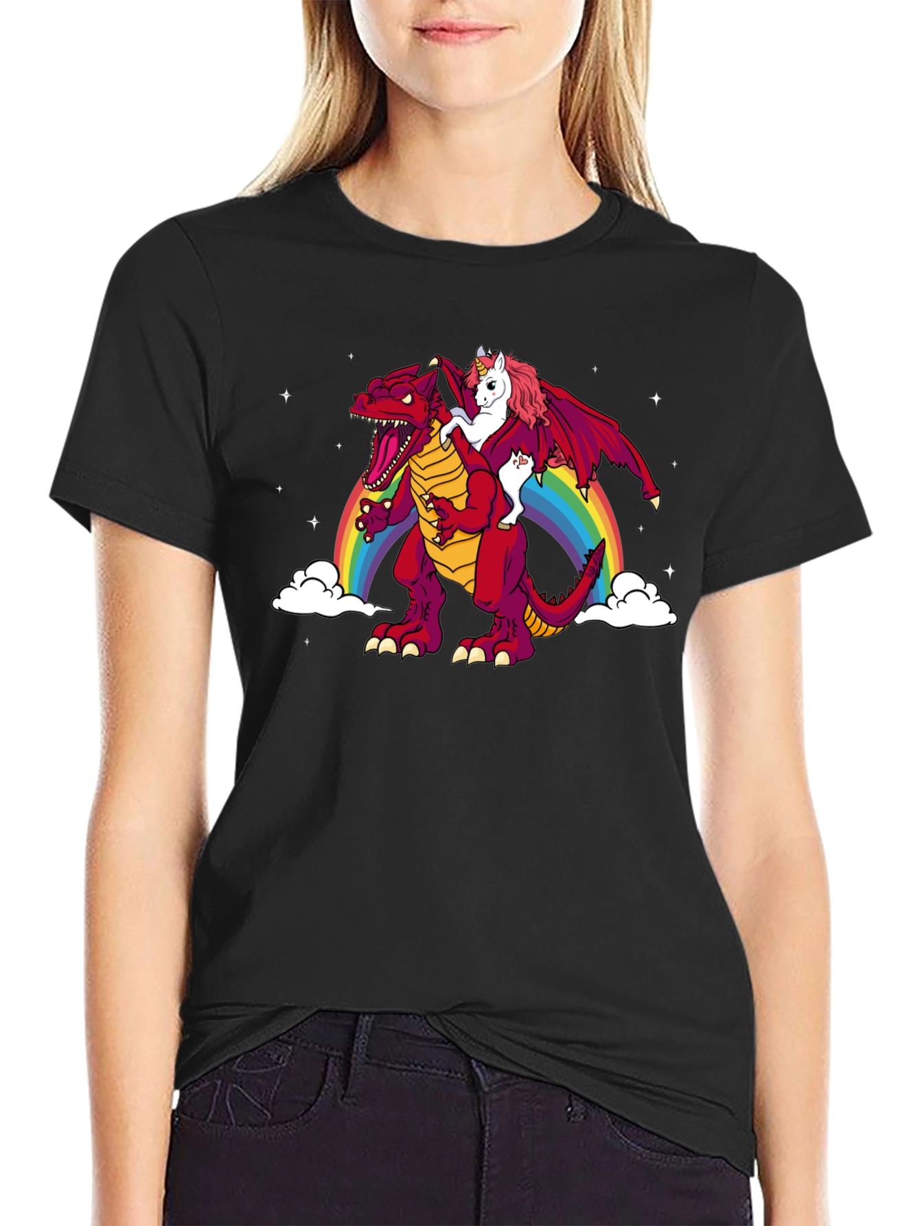 Unicorn Riding Dinosaur Rainbow Graphic T-Shirt