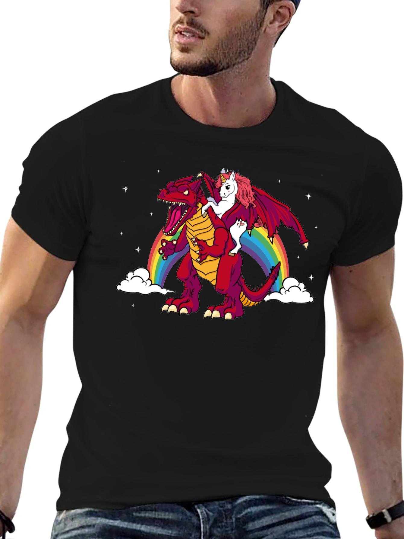 Unicorn Riding Dinosaur Rainbow Graphic T-Shirt