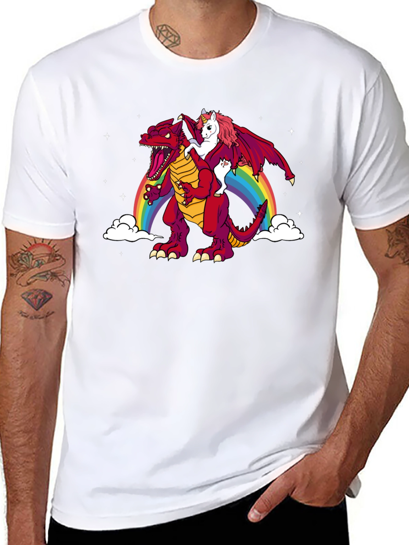 Unicorn Riding Dinosaur Rainbow Graphic T-Shirt