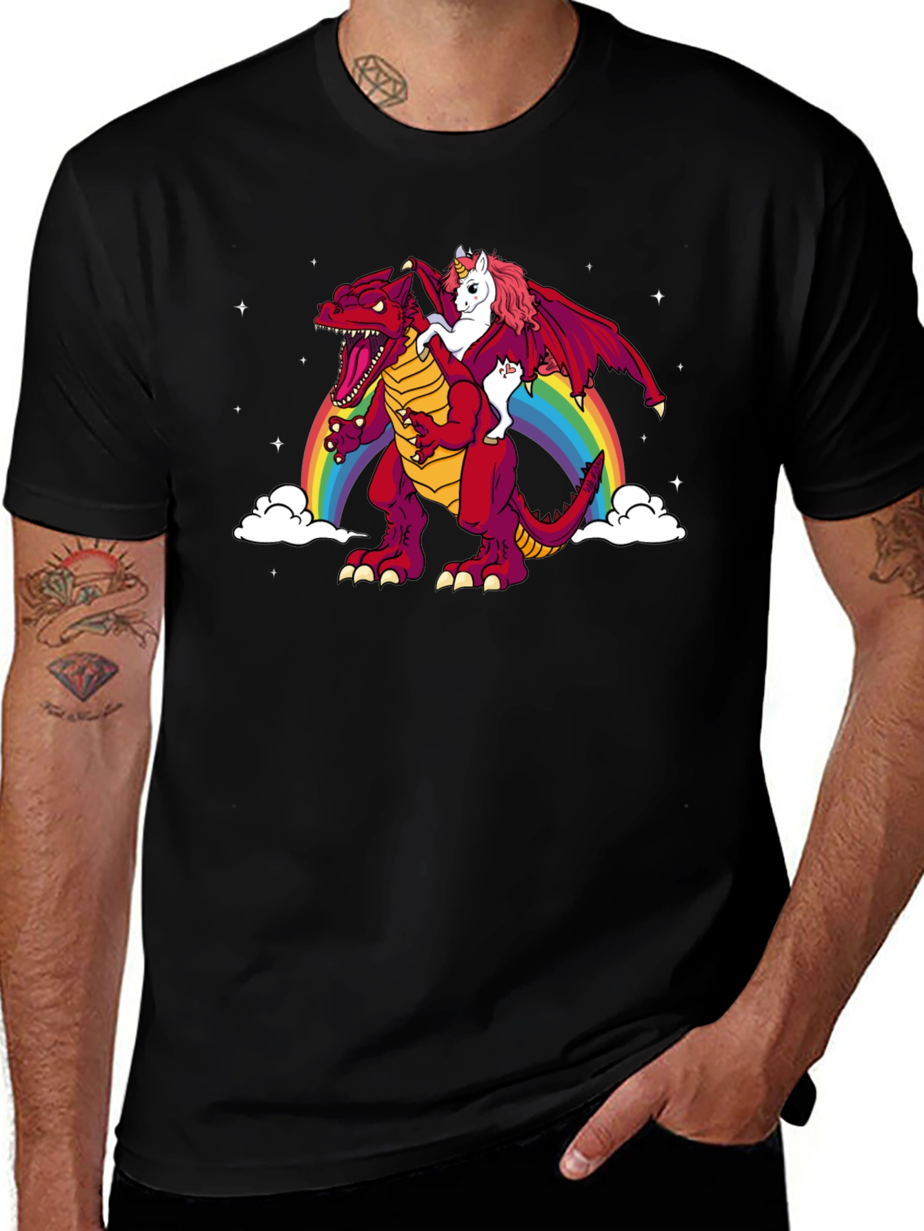 Unicorn Riding Dinosaur Rainbow Graphic T-Shirt