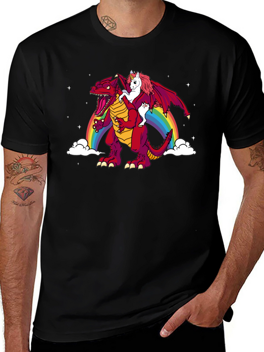 Unicorn Riding Dinosaur Rainbow Graphic T-Shirt