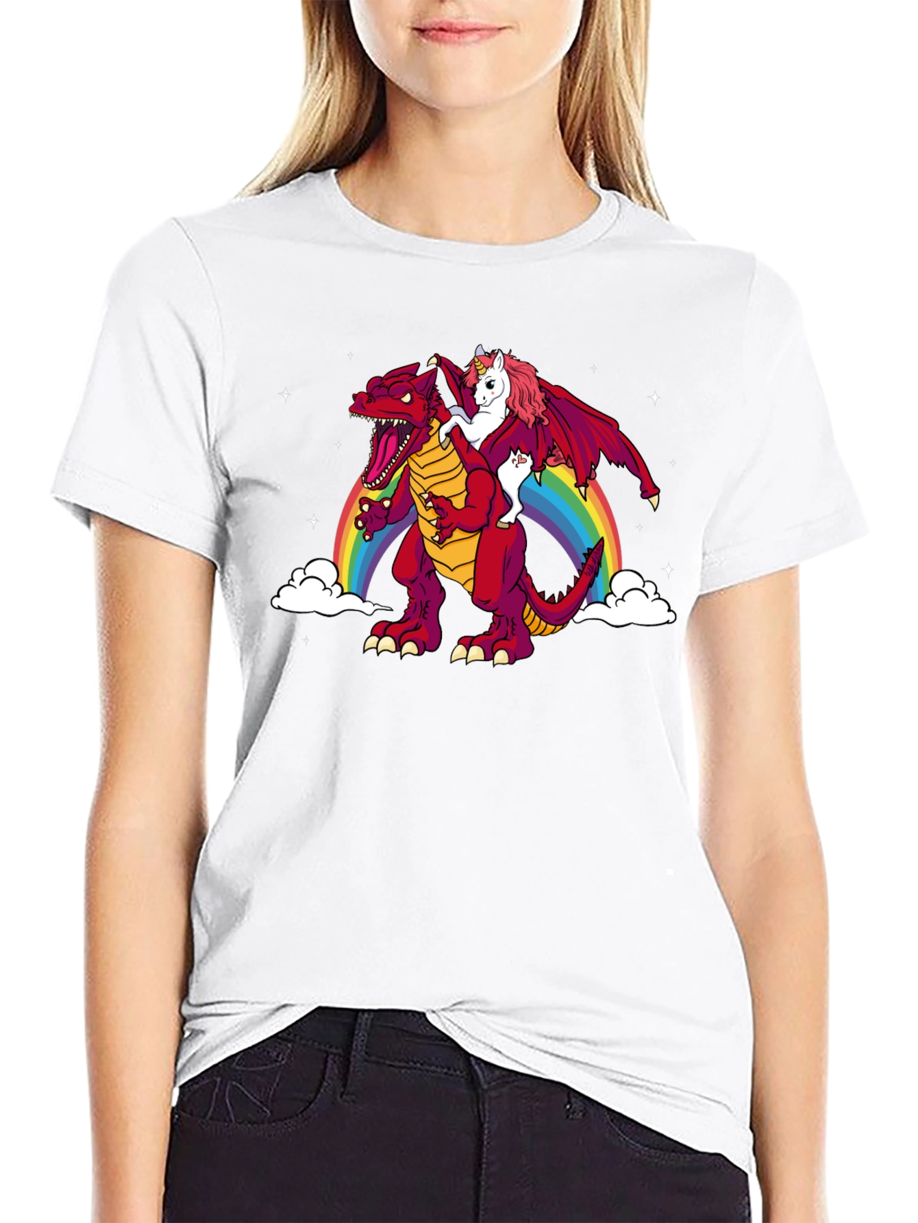 Unicorn Riding Dinosaur Rainbow Graphic T-Shirt