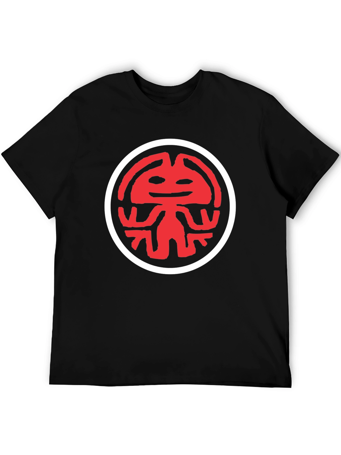 Graphic Tee: Red Totem Design on Black Cotton