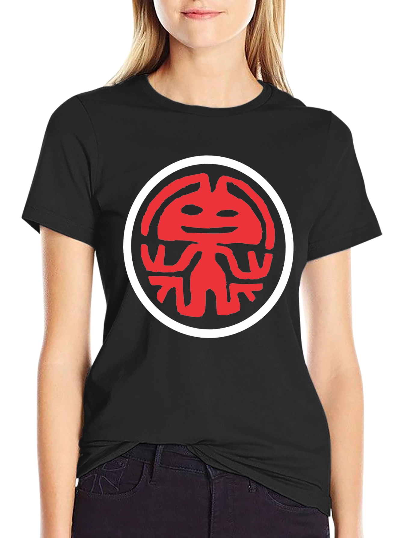 Graphic Tee: Red Totem Design on Black Cotton