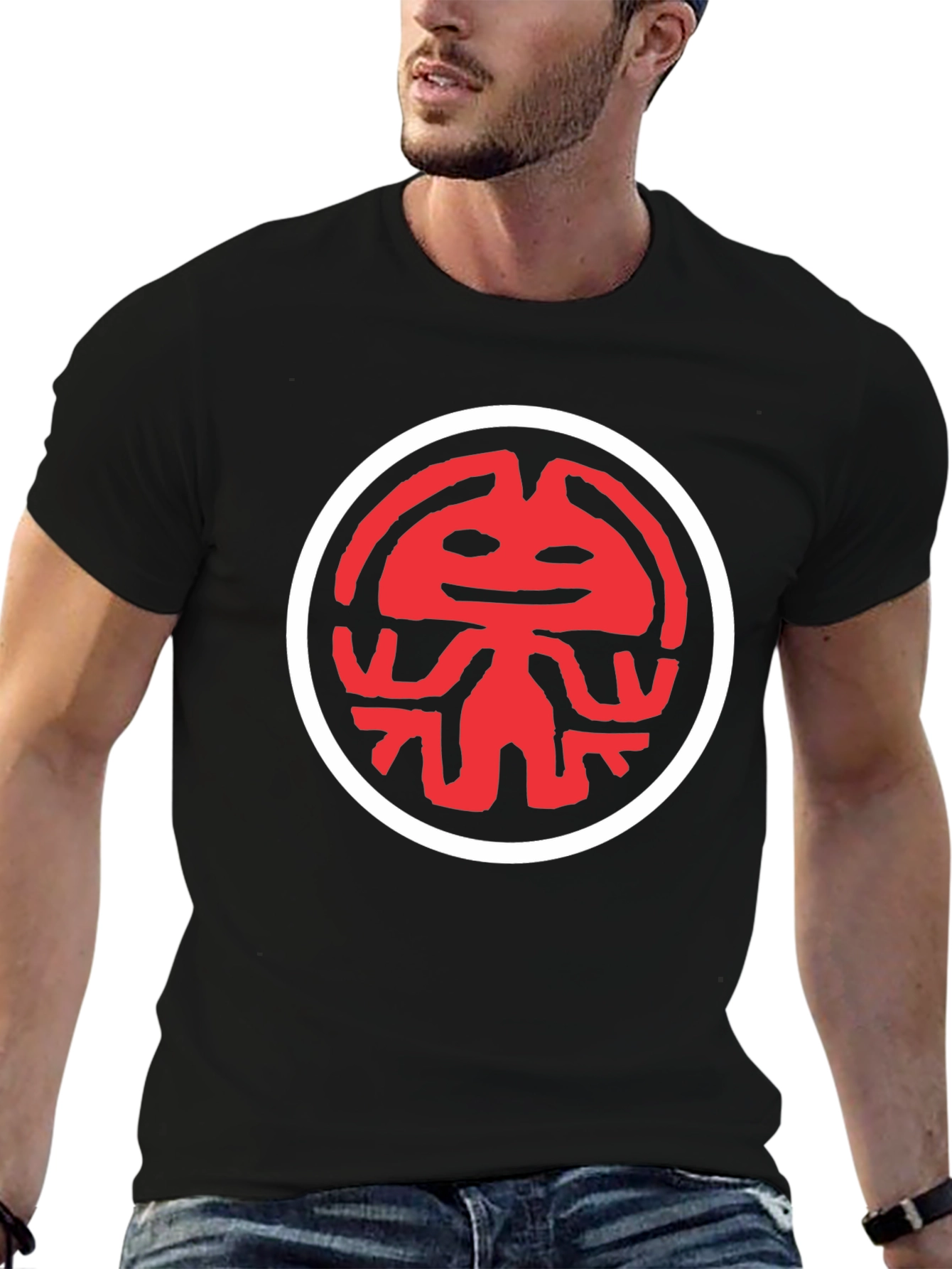 Graphic Tee: Red Totem Design on Black Cotton