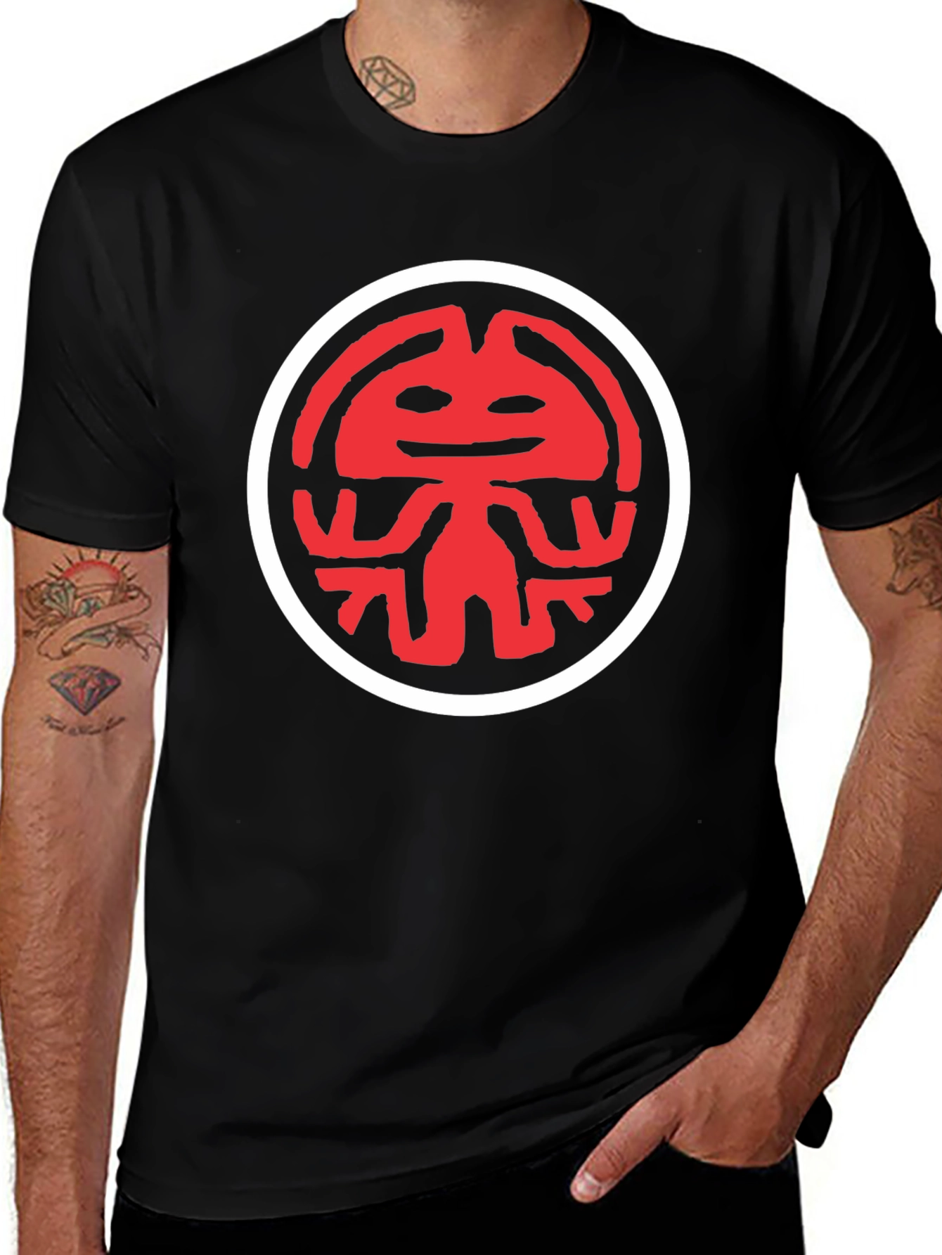 Graphic Tee: Red Totem Design on Black Cotton