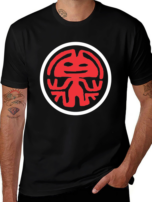 Graphic Tee: Red Totem Design on Black Cotton