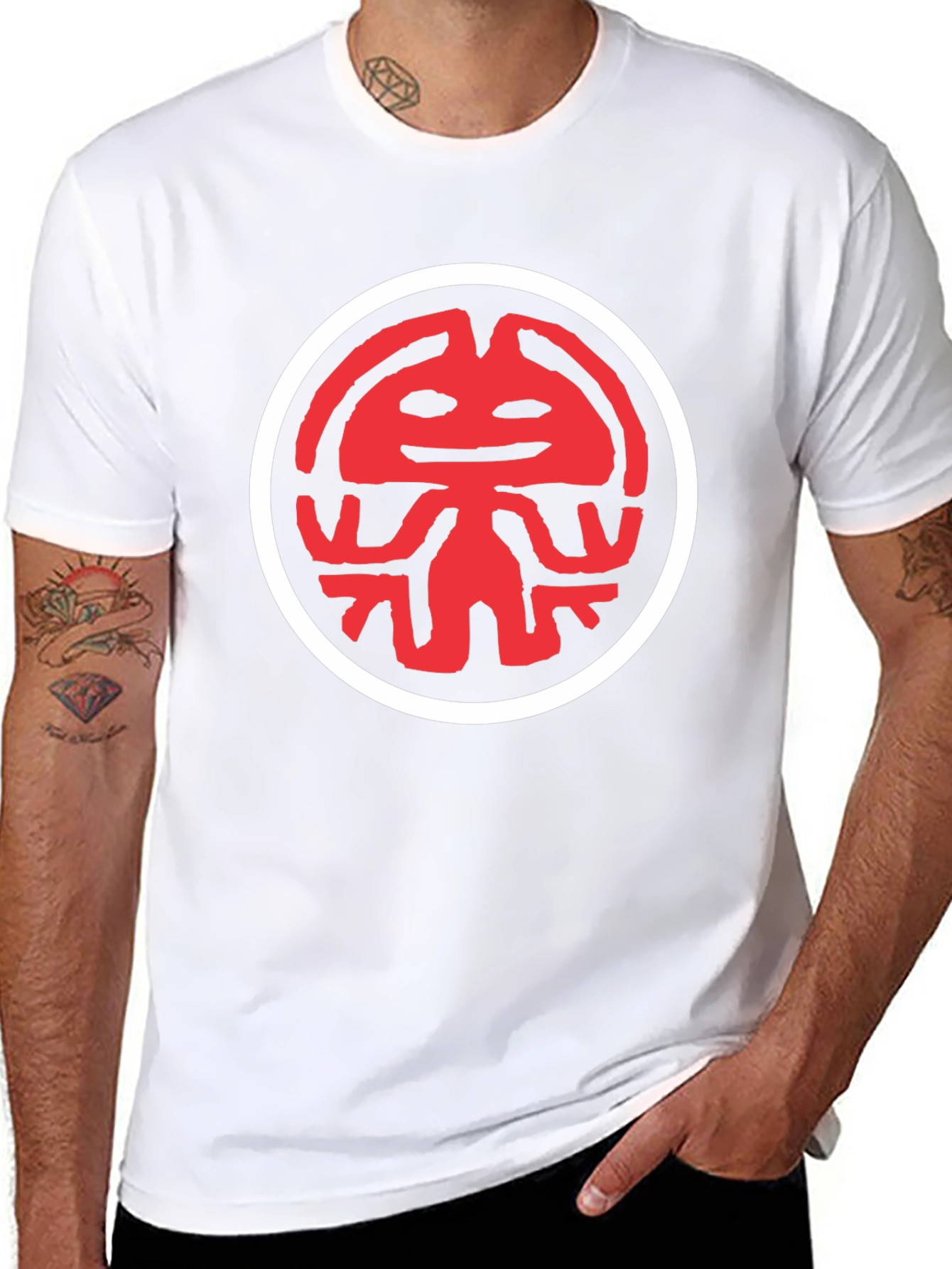 Graphic Tee: Red Totem Design on Black Cotton
