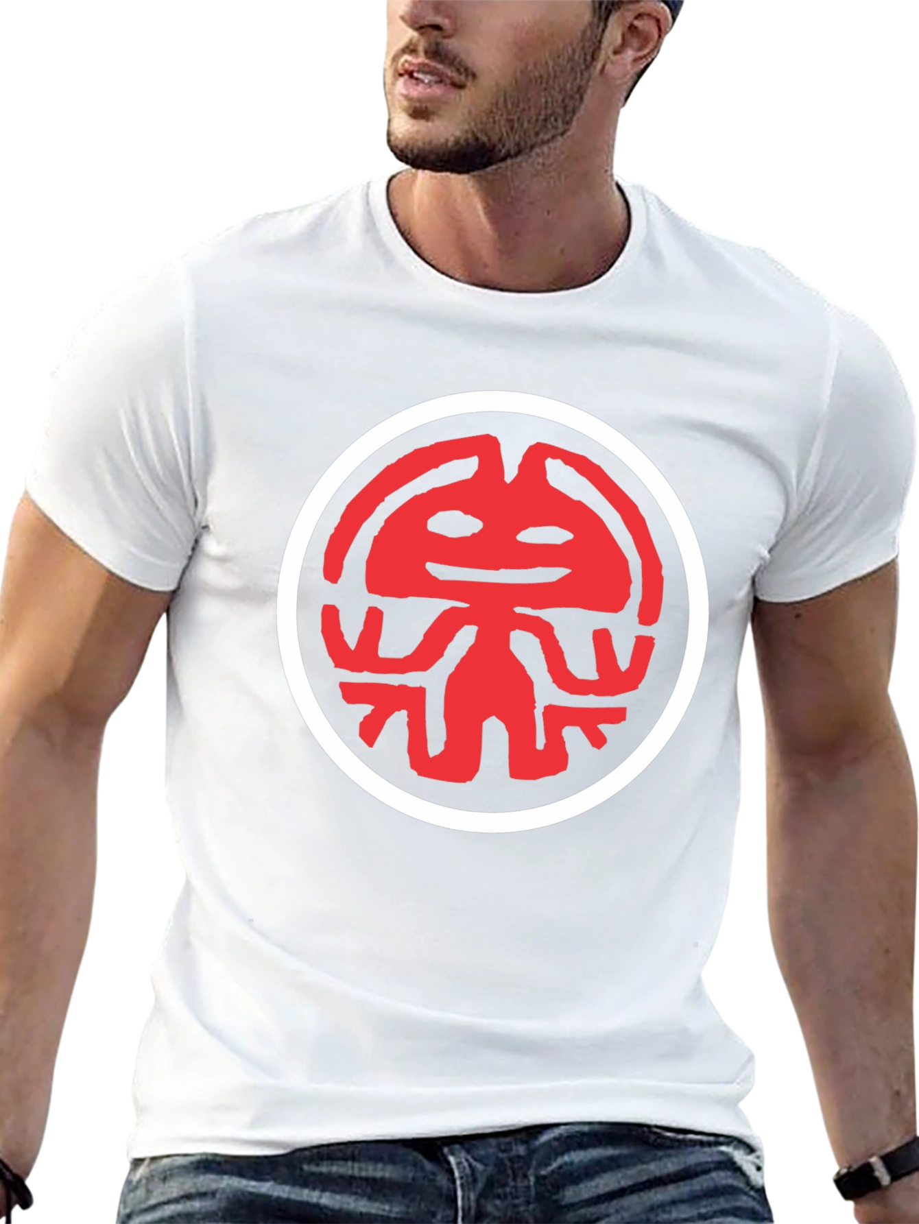 Graphic Tee: Red Totem Design on Black Cotton