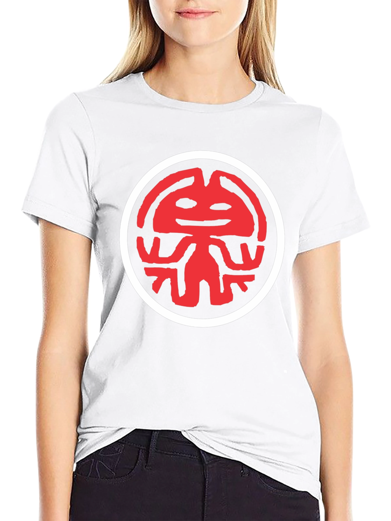 Graphic Tee: Red Totem Design on Black Cotton