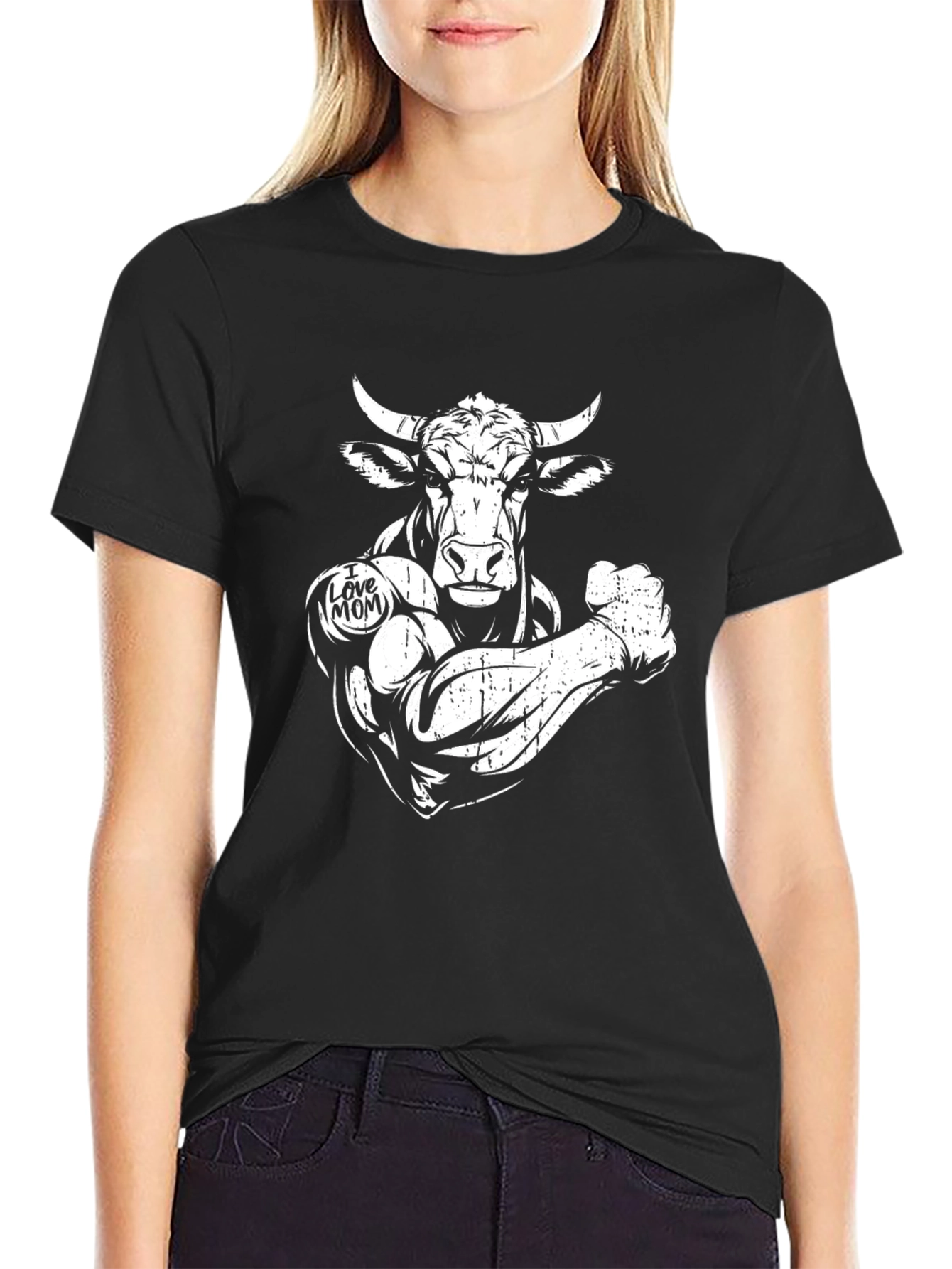 Muscled Bull I Love Mom Graphic Black T-Shirt