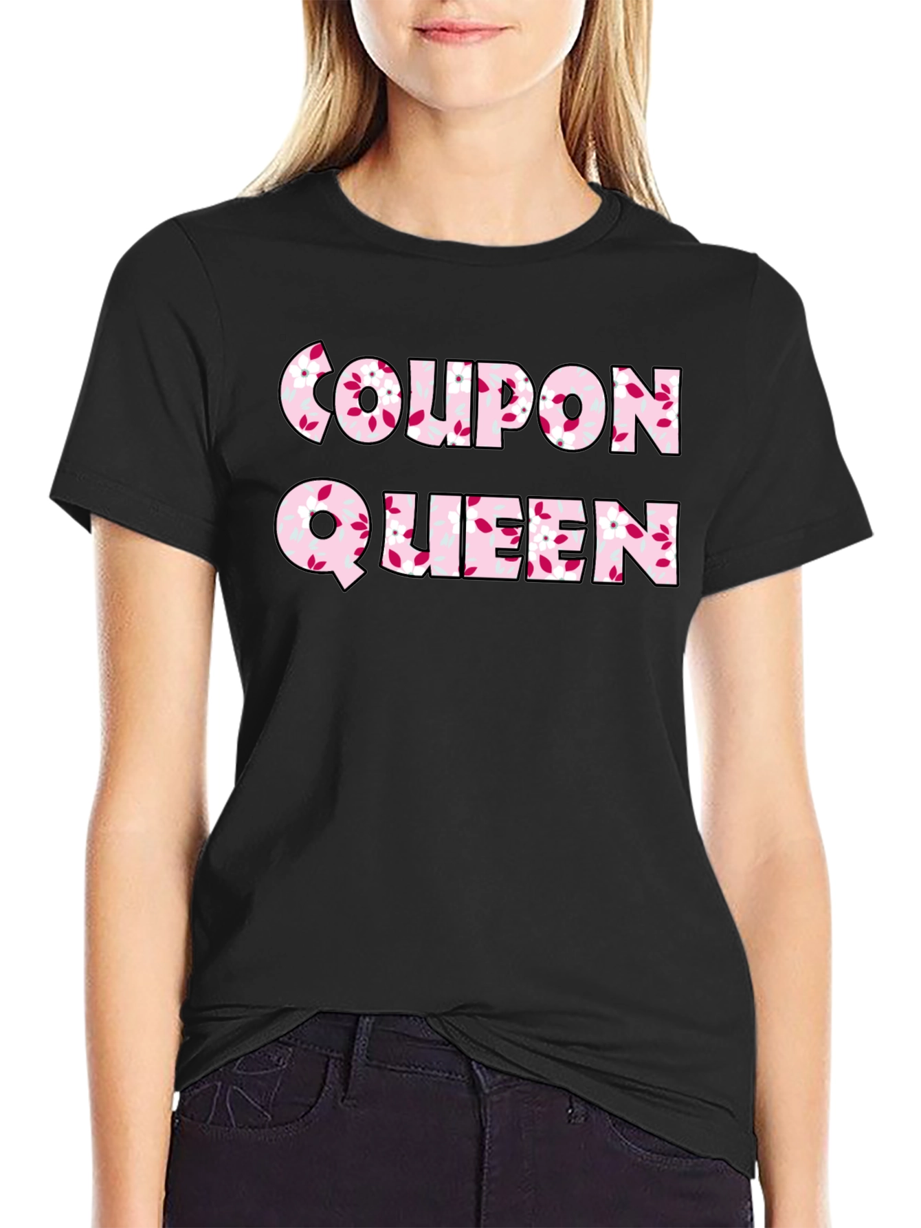 Coupon Queen Floral Print Black T-Shirt