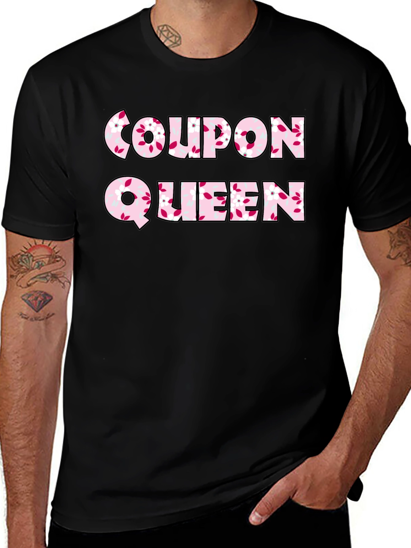 Coupon Queen Floral Print Black T-Shirt