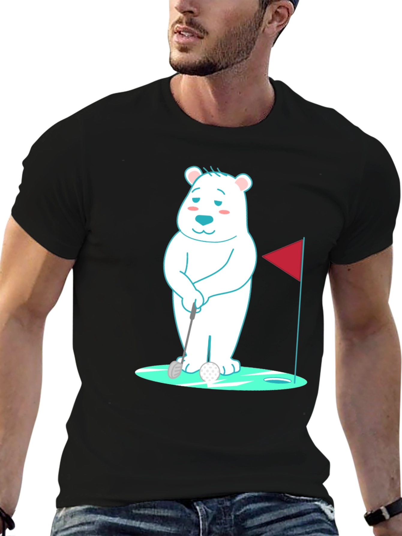 Golfing Bear Graphic Tee - Black Cotton Shirt