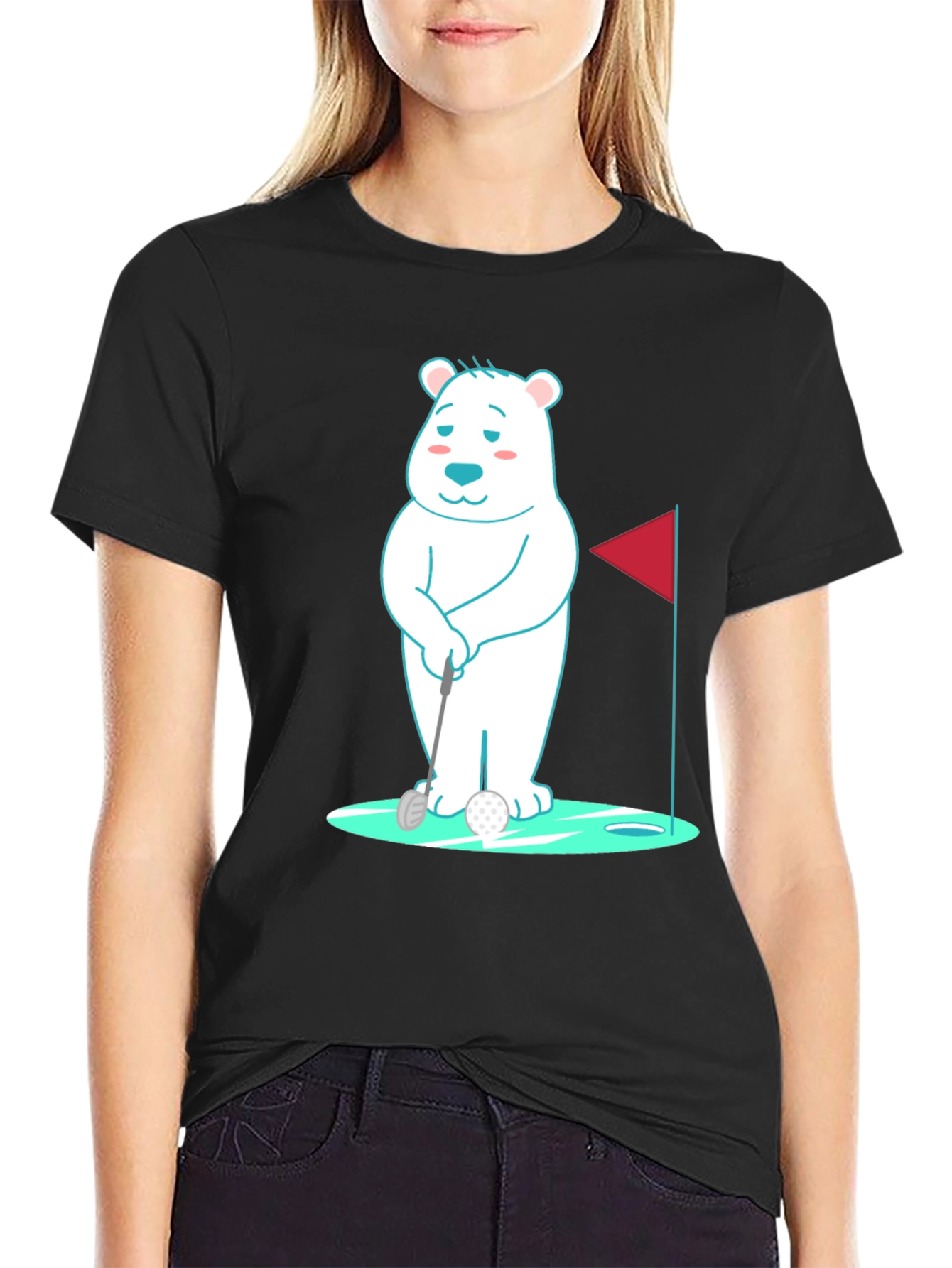 Golfing Bear Graphic Tee - Black Cotton Shirt